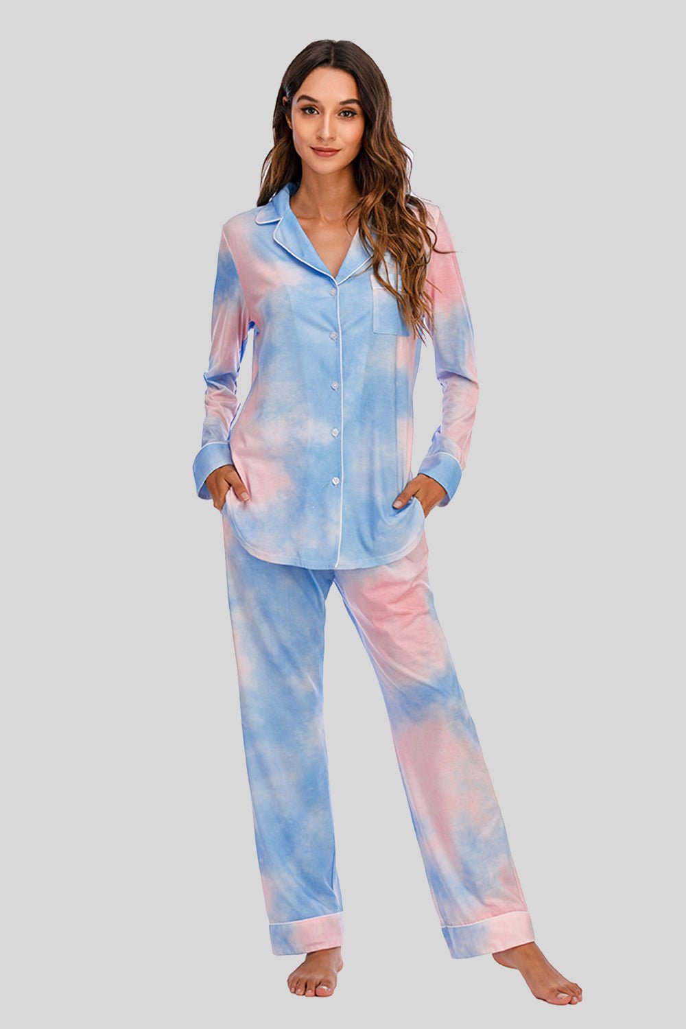 Collared Neck Long Sleeve Loungewear Set with Pockets - House Flexa
