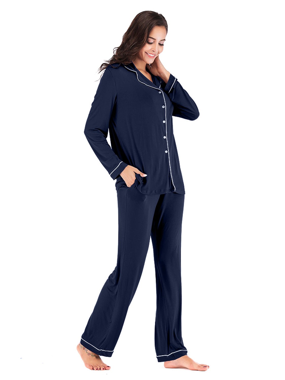 Collared Neck Long Sleeve Loungewear Set with Pockets - House Flexa