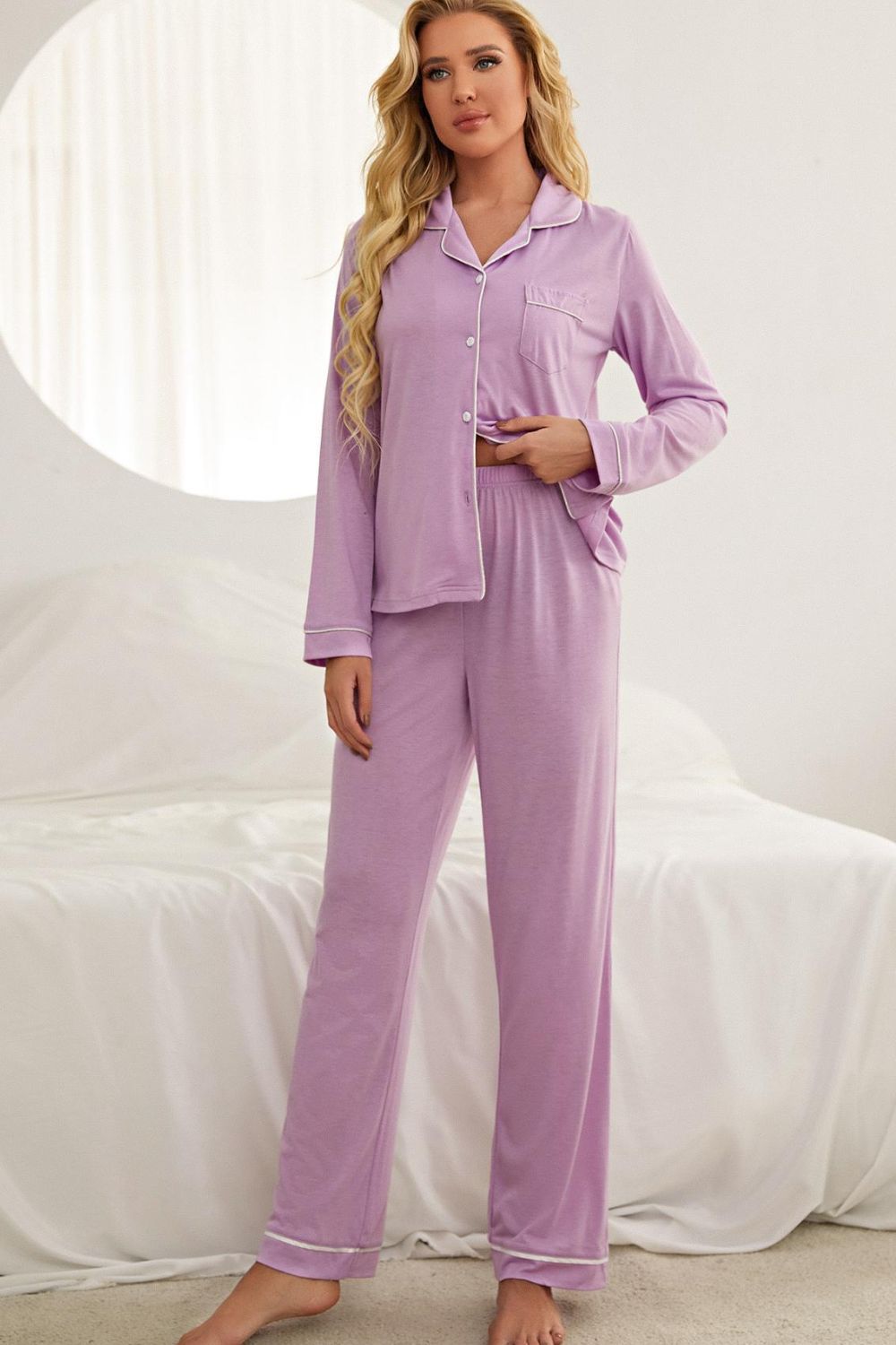 Contrast Piping Button Down Top and Pants Loungewear Set - House Flexa