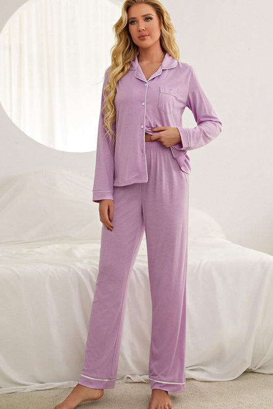 Contrast Piping Button Down Top and Pants Loungewear Set - House Flexa