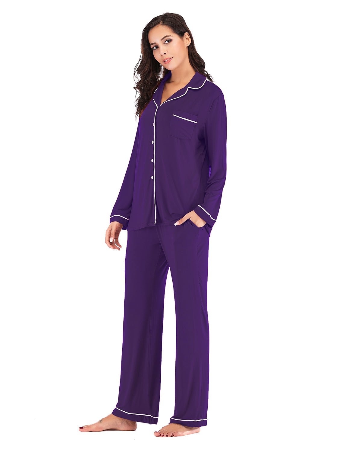 Collared Neck Long Sleeve Loungewear Set with Pockets - House Flexa