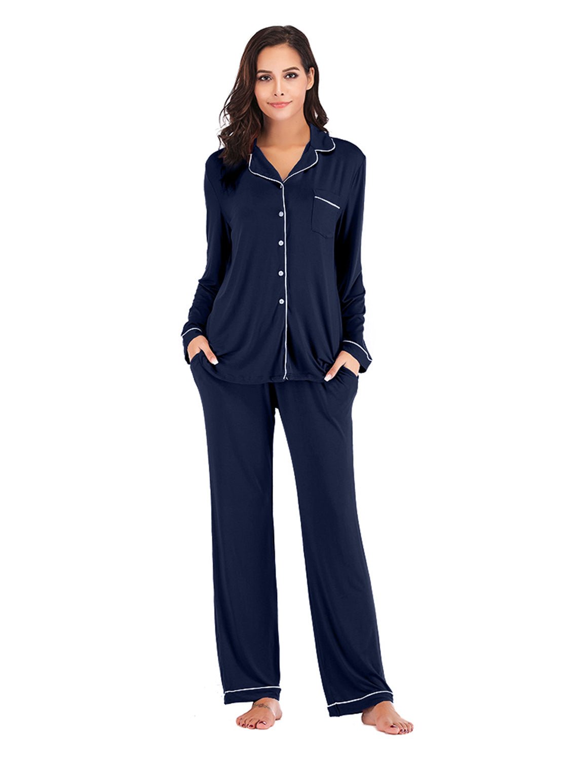 Collared Neck Long Sleeve Loungewear Set with Pockets - House Flexa