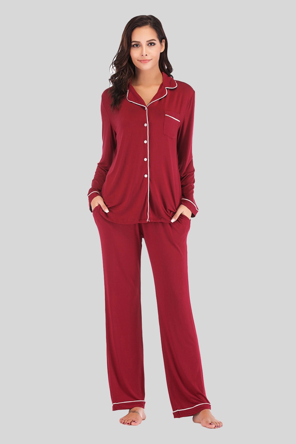 Collared Neck Long Sleeve Loungewear Set with Pockets - House Flexa