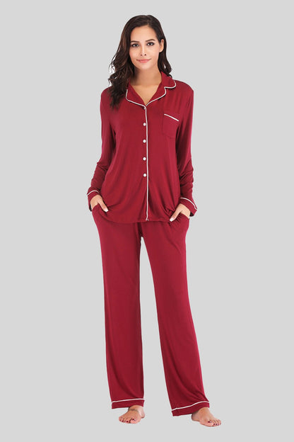 Collared Neck Long Sleeve Loungewear Set with Pockets - House Flexa