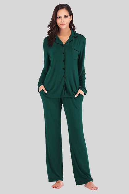 Collared Neck Long Sleeve Loungewear Set with Pockets - House Flexa