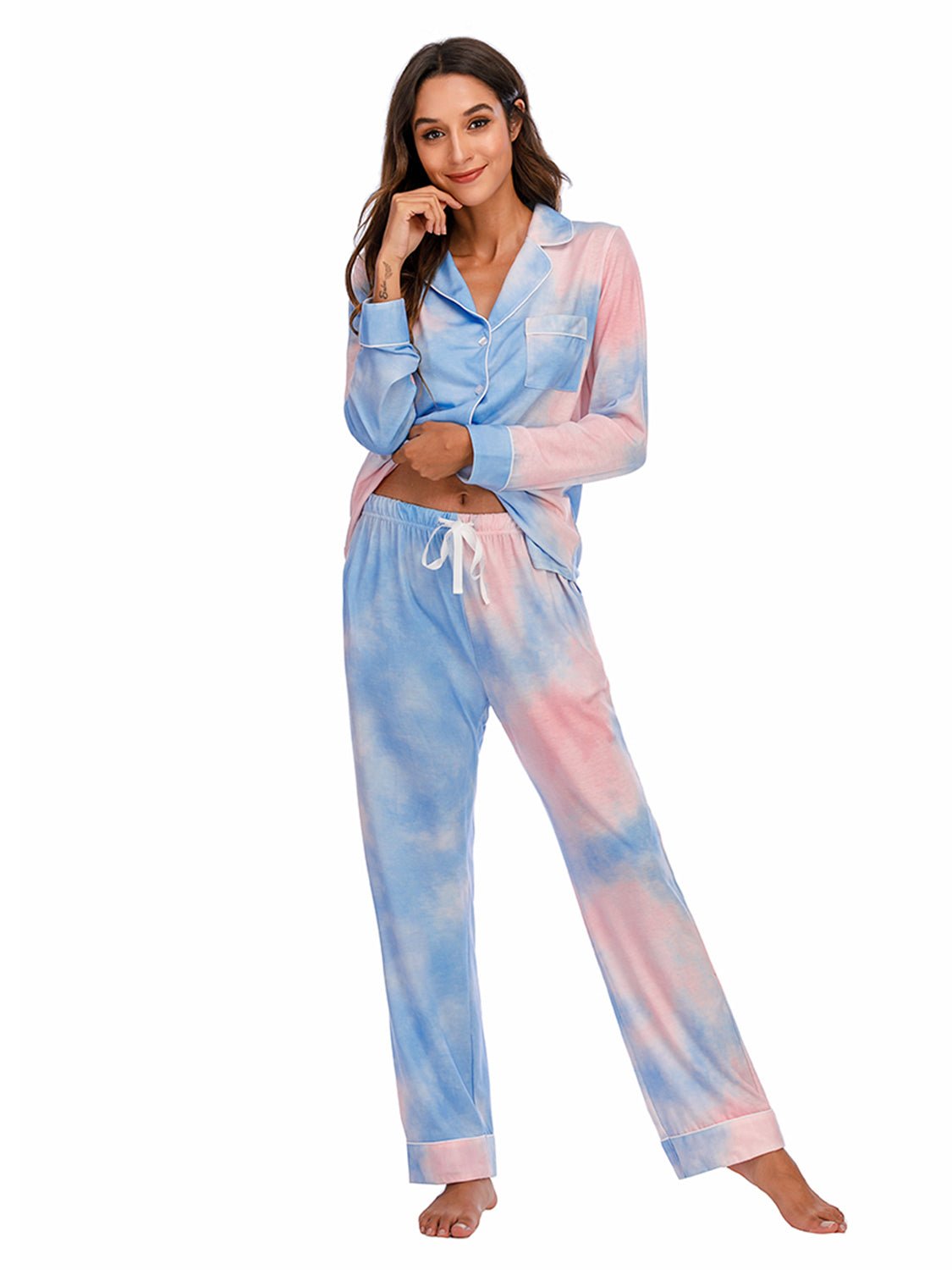 Collared Neck Long Sleeve Loungewear Set with Pockets - House Flexa