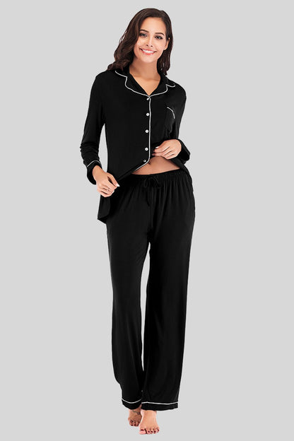 Collared Neck Long Sleeve Loungewear Set with Pockets - House Flexa