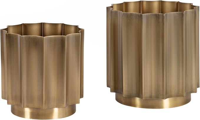 Vintage Antique Brass Metal Planter Set of 2 with Scalloped Base