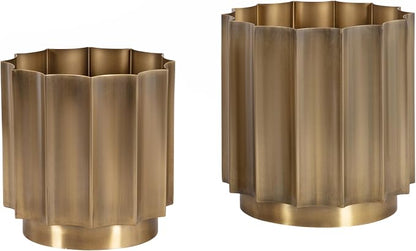Vintage Antique Brass Metal Planter Set of 2 with Scalloped Base