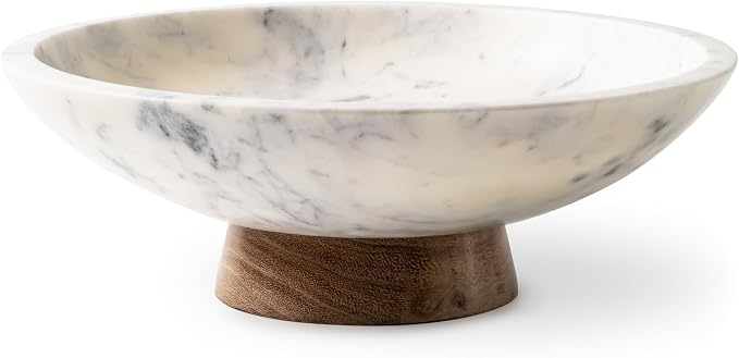 Marble Decorative Bowl with Natural Acacia Wood Pedestal Stand