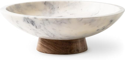 Marble Decorative Bowl with Natural Acacia Wood Pedestal Stand