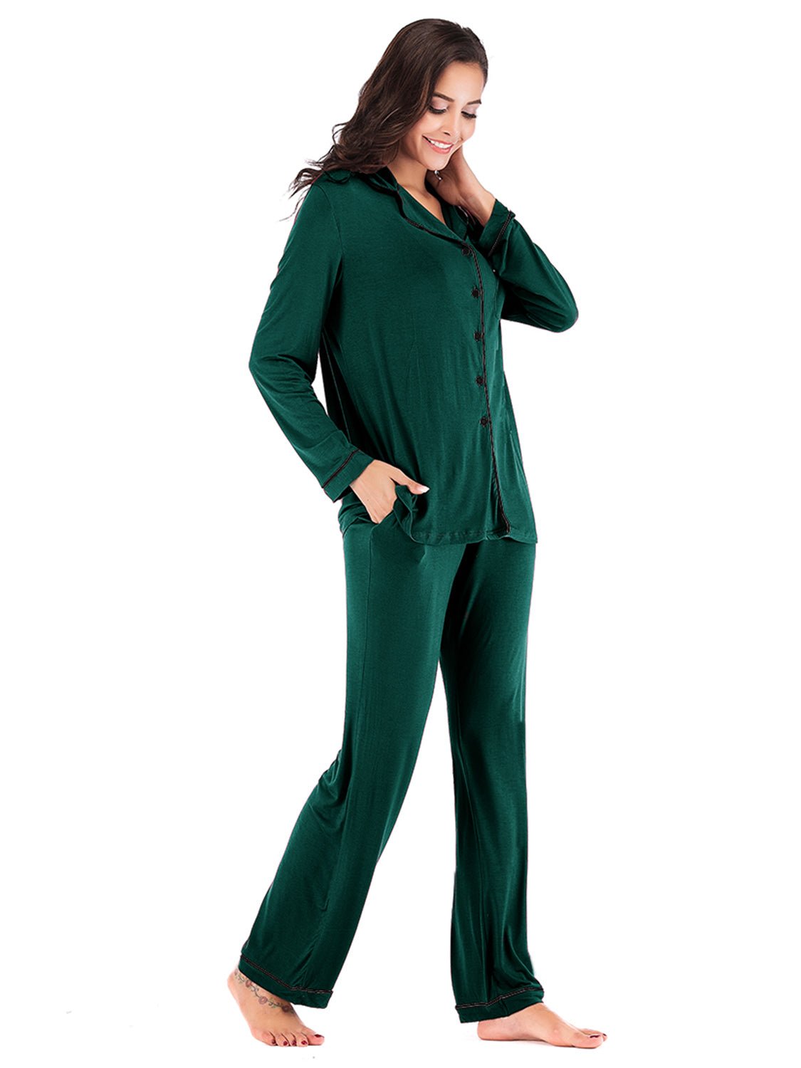 Collared Neck Long Sleeve Loungewear Set with Pockets - House Flexa