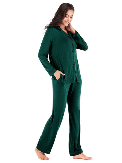 Collared Neck Long Sleeve Loungewear Set with Pockets - House Flexa