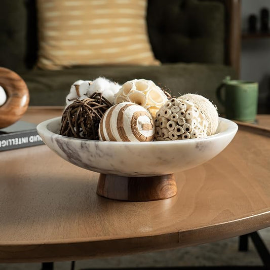 Marble Decorative Bowl with Natural Acacia Wood Pedestal Stand