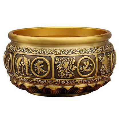 Solid Brass Feng Shui Wealth Bowl with Lotus & Eight Auspicious Symbols