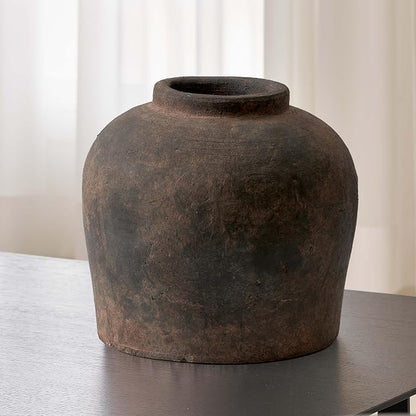 Large Brown Ceramic Vase with Rustic Distressed Zen Style Finish