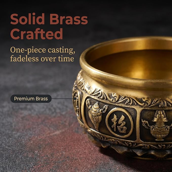 Solid Brass Feng Shui Wealth Bowl with Lotus & Eight Auspicious Symbols