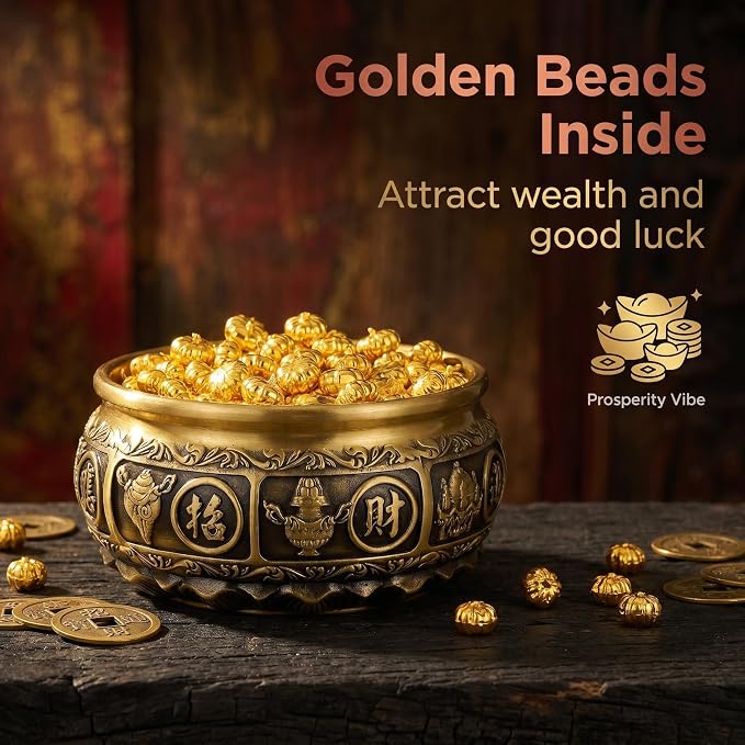 Solid Brass Feng Shui Wealth Bowl with Lotus & Eight Auspicious Symbols