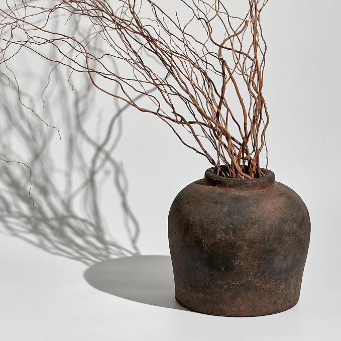 Large Brown Ceramic Vase with Rustic Distressed Zen Style Finish