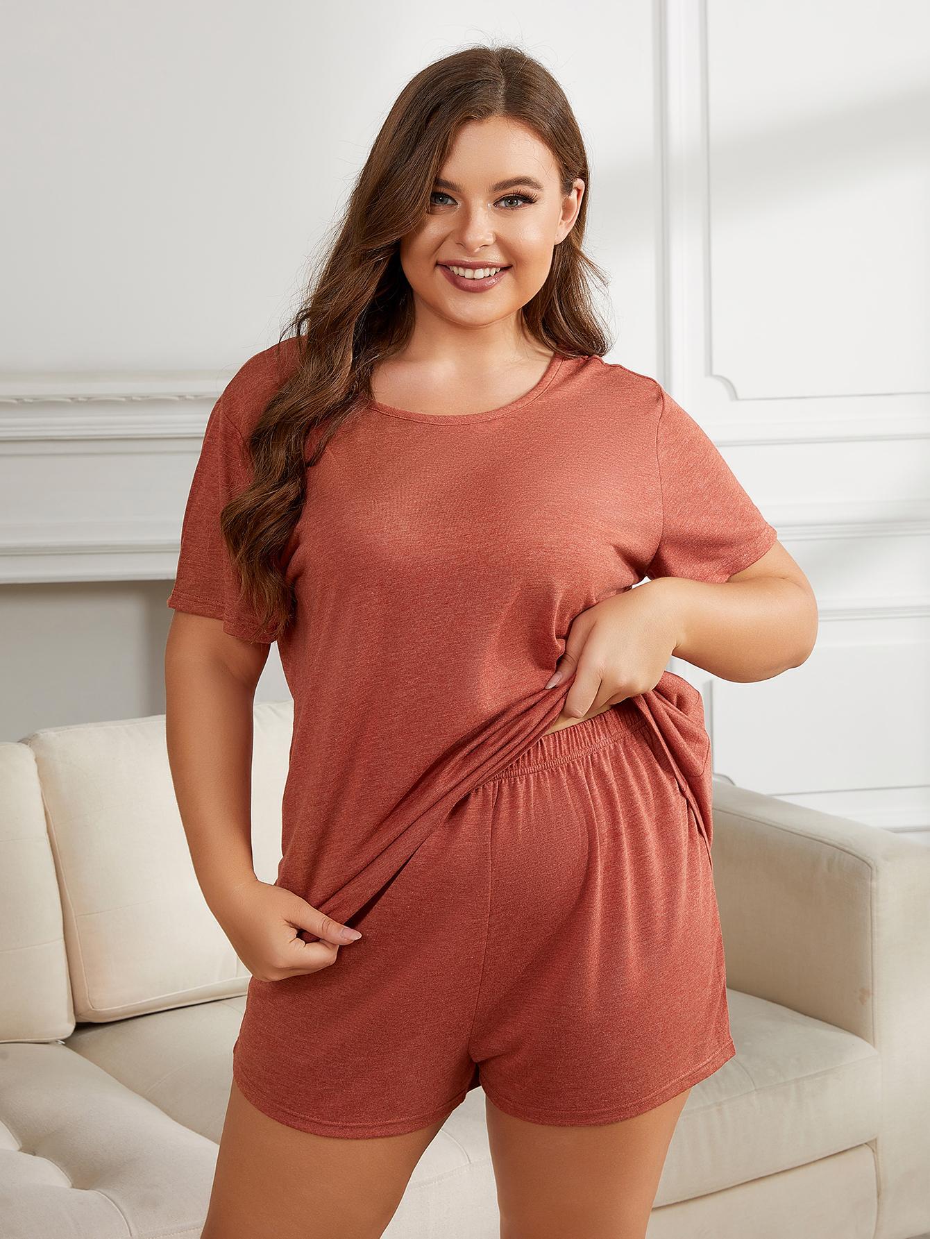 Plus Size Round Neck Short Sleeve Two - Piece Loungewear Set - House Flexa