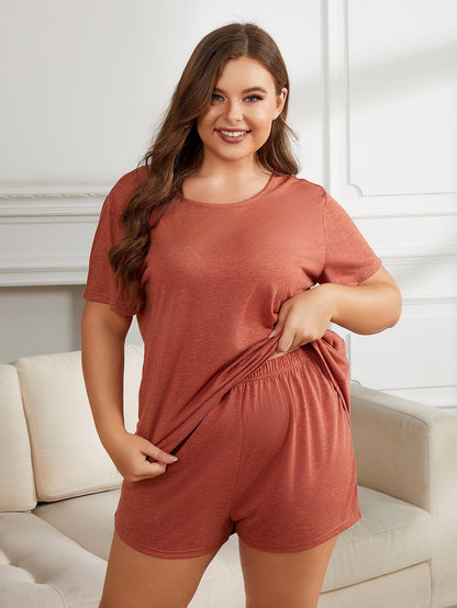 Plus Size Round Neck Short Sleeve Two - Piece Loungewear Set - House Flexa