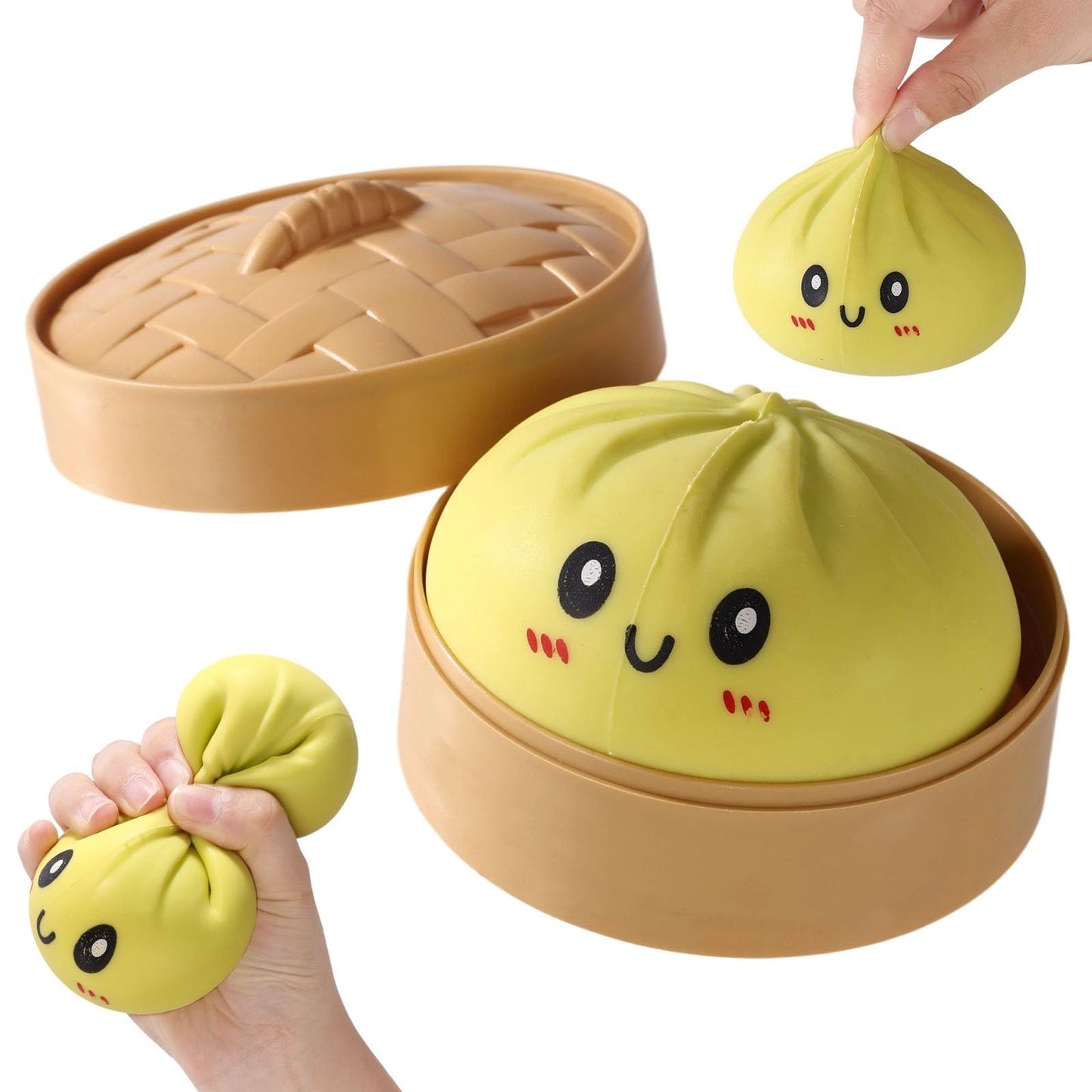 A novelty steamer-shaped toy or kitchen prop made from a yellow dumpling-like shape with a cartoon face, shown with a tan basket-style lid and a tan base. Human hands are visible holding and pressing parts of the item, so this is classified as Lifestyle rather than Product/Packaging.