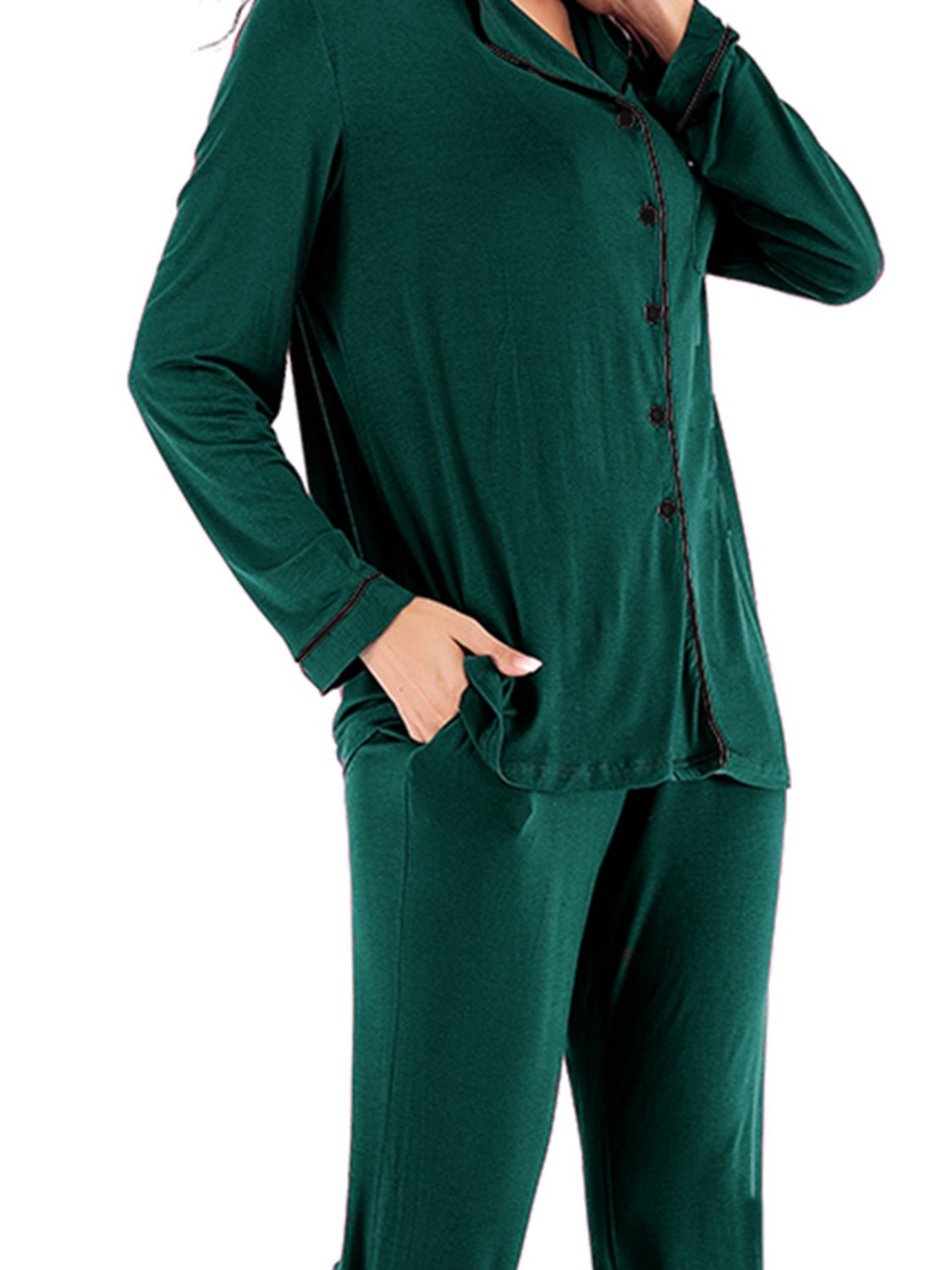 Collared Neck Long Sleeve Loungewear Set with Pockets - House Flexa