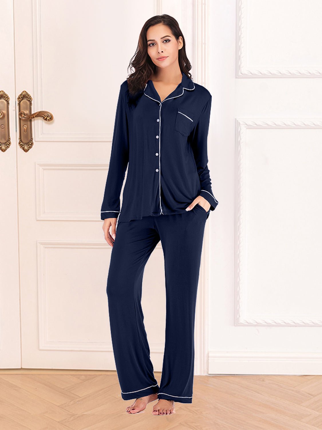 Collared Neck Long Sleeve Loungewear Set with Pockets - House Flexa
