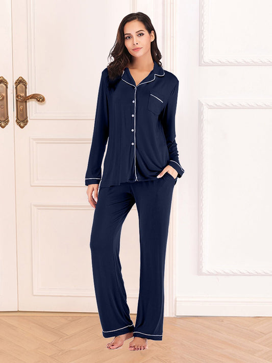 Collared Neck Long Sleeve Loungewear Set with Pockets - House Flexa