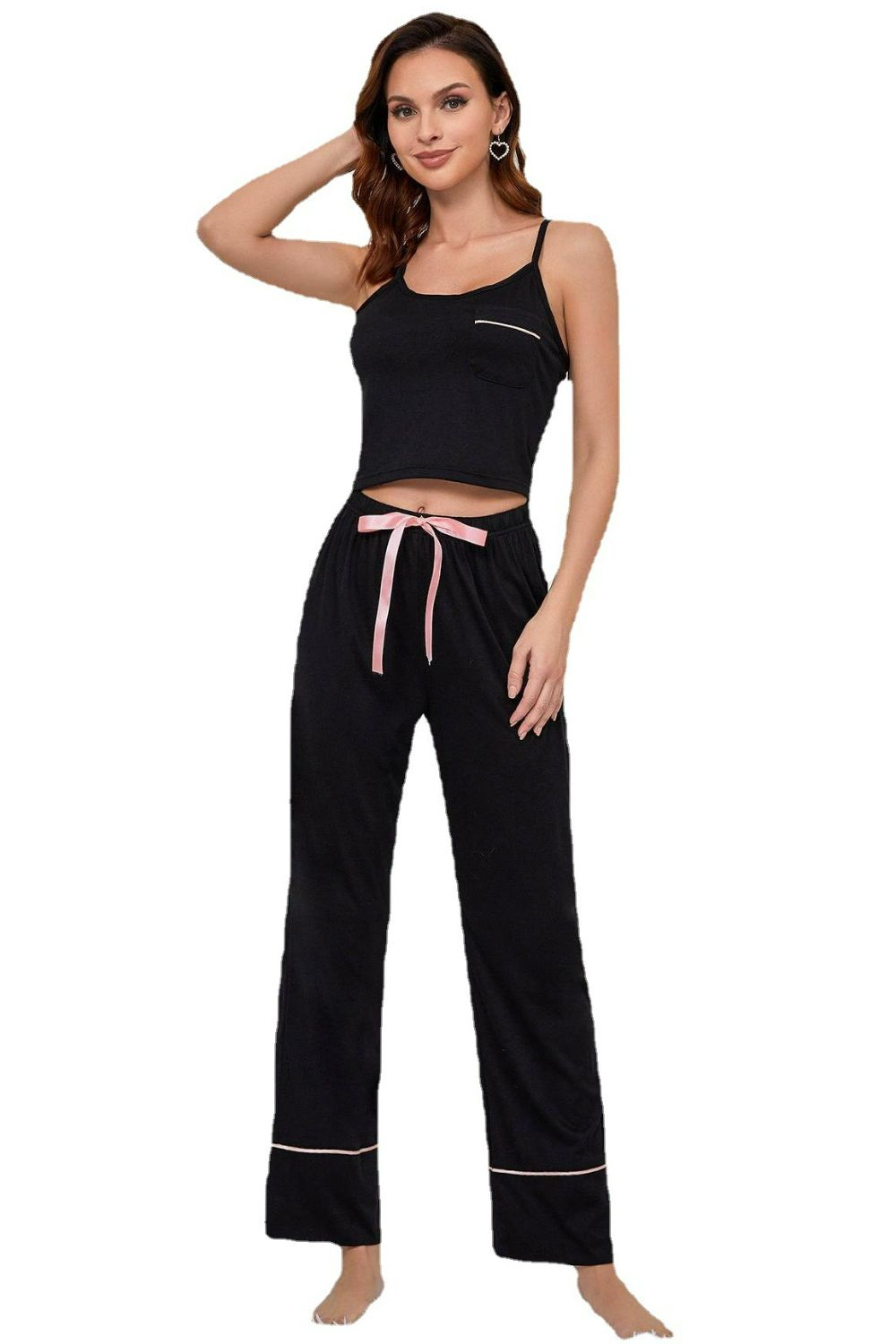 Contrast Trim Cropped Cami and Pants Loungewear Set - House Flexa