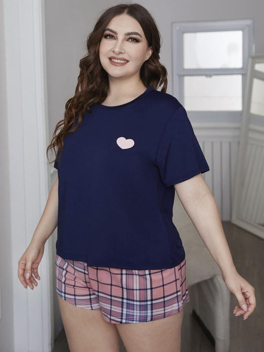 Plus Size Heart Graphic Top and Plaid Shorts Loungewear Set - House Flexa
