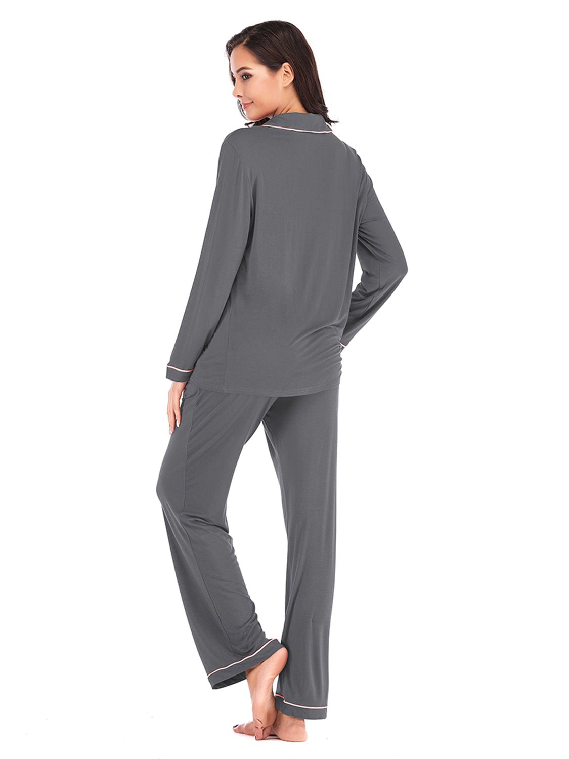Collared Neck Long Sleeve Loungewear Set with Pockets - House Flexa