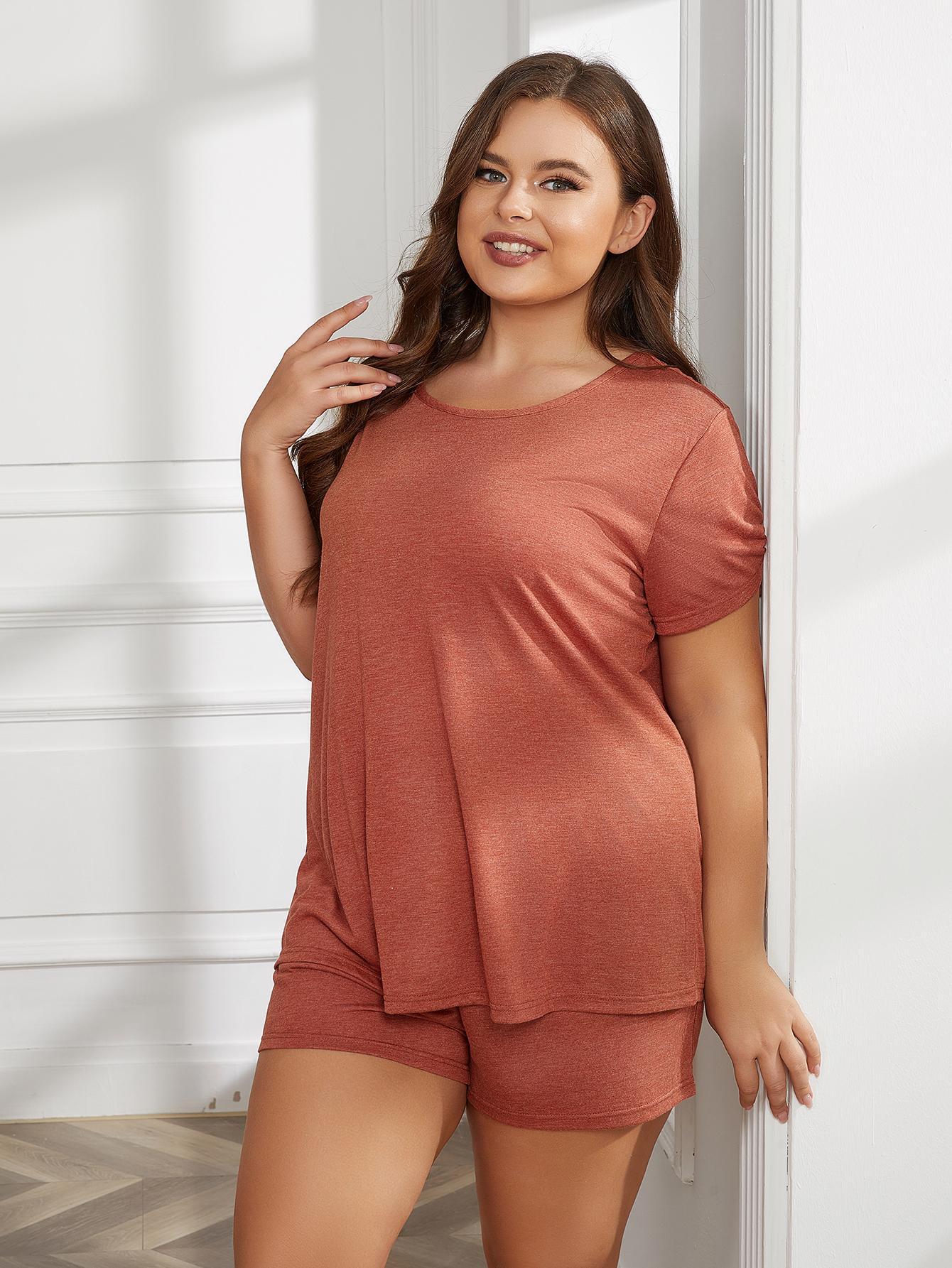 Plus Size Round Neck Short Sleeve Two - Piece Loungewear Set - House Flexa