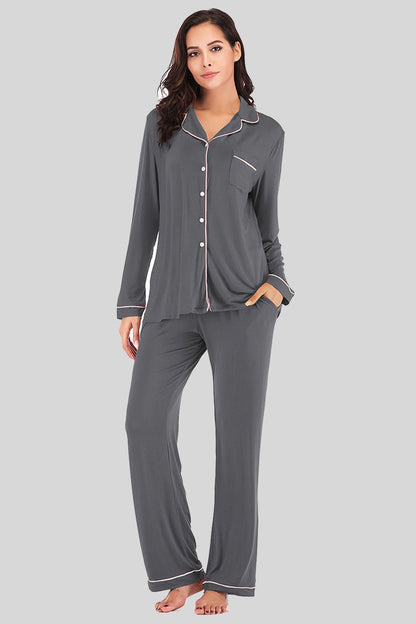 Collared Neck Long Sleeve Loungewear Set with Pockets - House Flexa