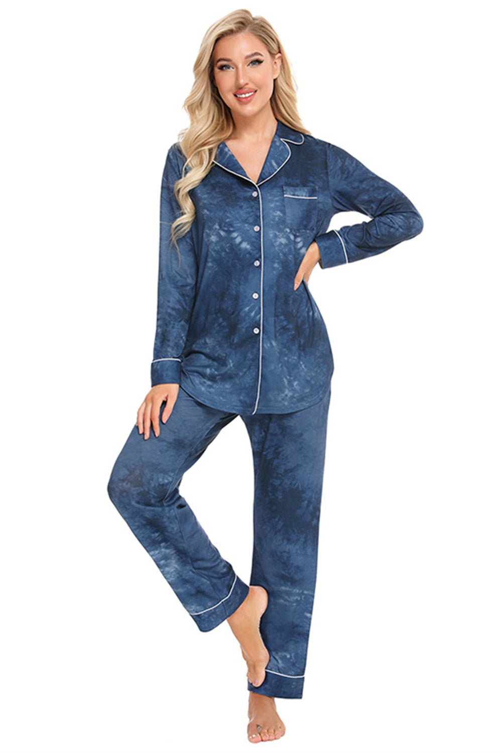 Collared Neck Long Sleeve Loungewear Set with Pockets - House Flexa