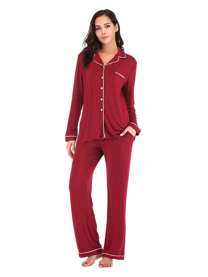 Collared Neck Long Sleeve Loungewear Set with Pockets - House Flexa