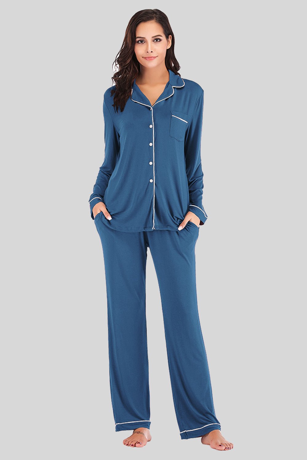 Collared Neck Long Sleeve Loungewear Set with Pockets - House Flexa