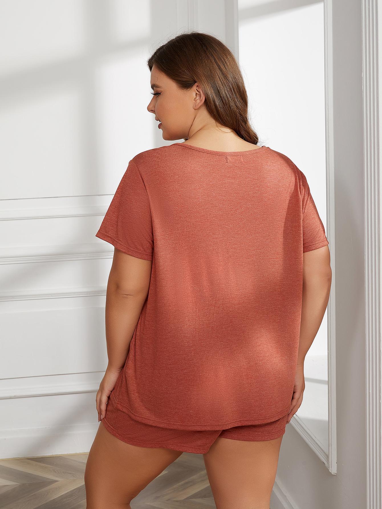 Plus Size Round Neck Short Sleeve Two - Piece Loungewear Set - House Flexa