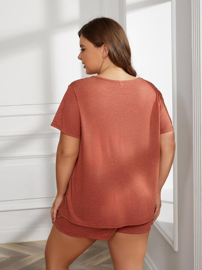 Plus Size Round Neck Short Sleeve Two - Piece Loungewear Set - House Flexa
