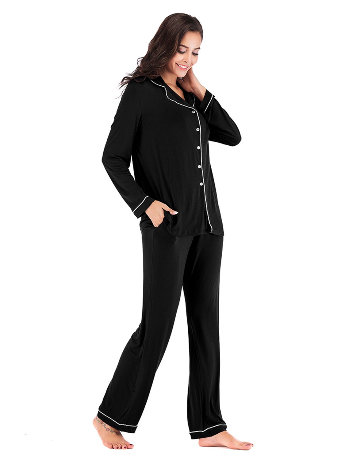 Collared Neck Long Sleeve Loungewear Set with Pockets - House Flexa