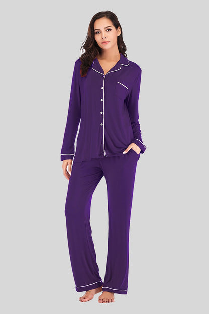 Collared Neck Long Sleeve Loungewear Set with Pockets - House Flexa