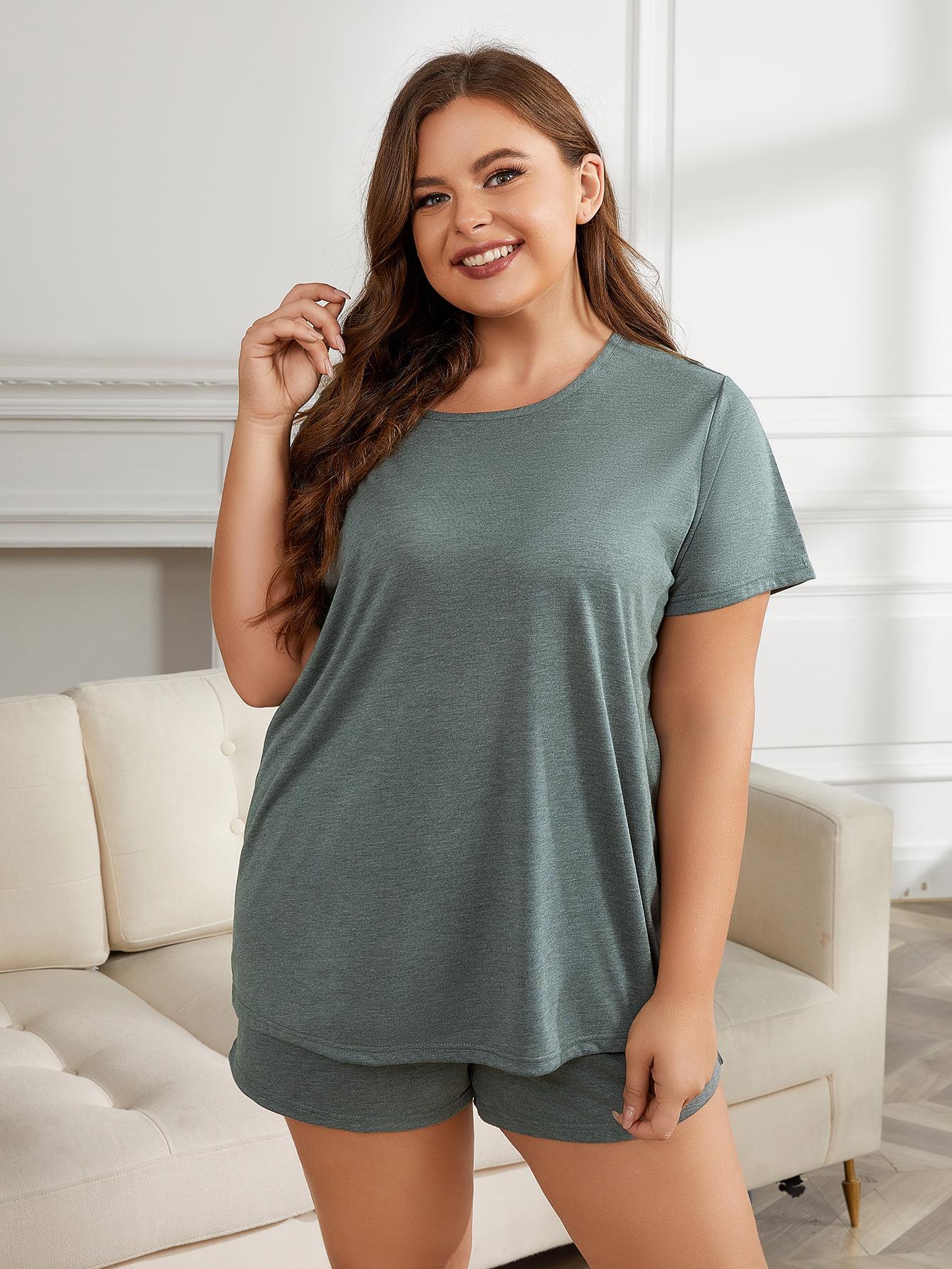 Plus Size Round Neck Short Sleeve Two - Piece Loungewear Set - House Flexa
