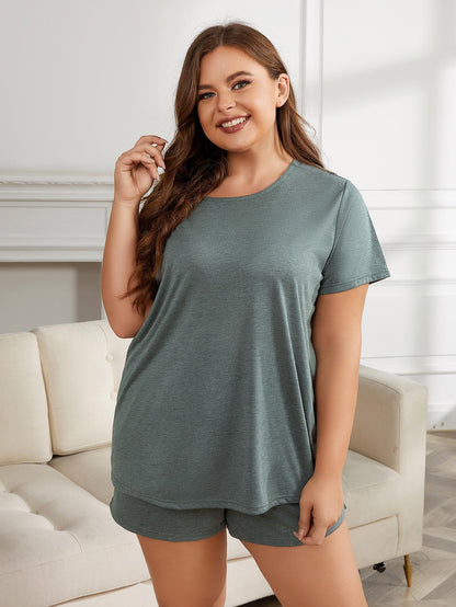 Plus Size Round Neck Short Sleeve Two - Piece Loungewear Set - House Flexa