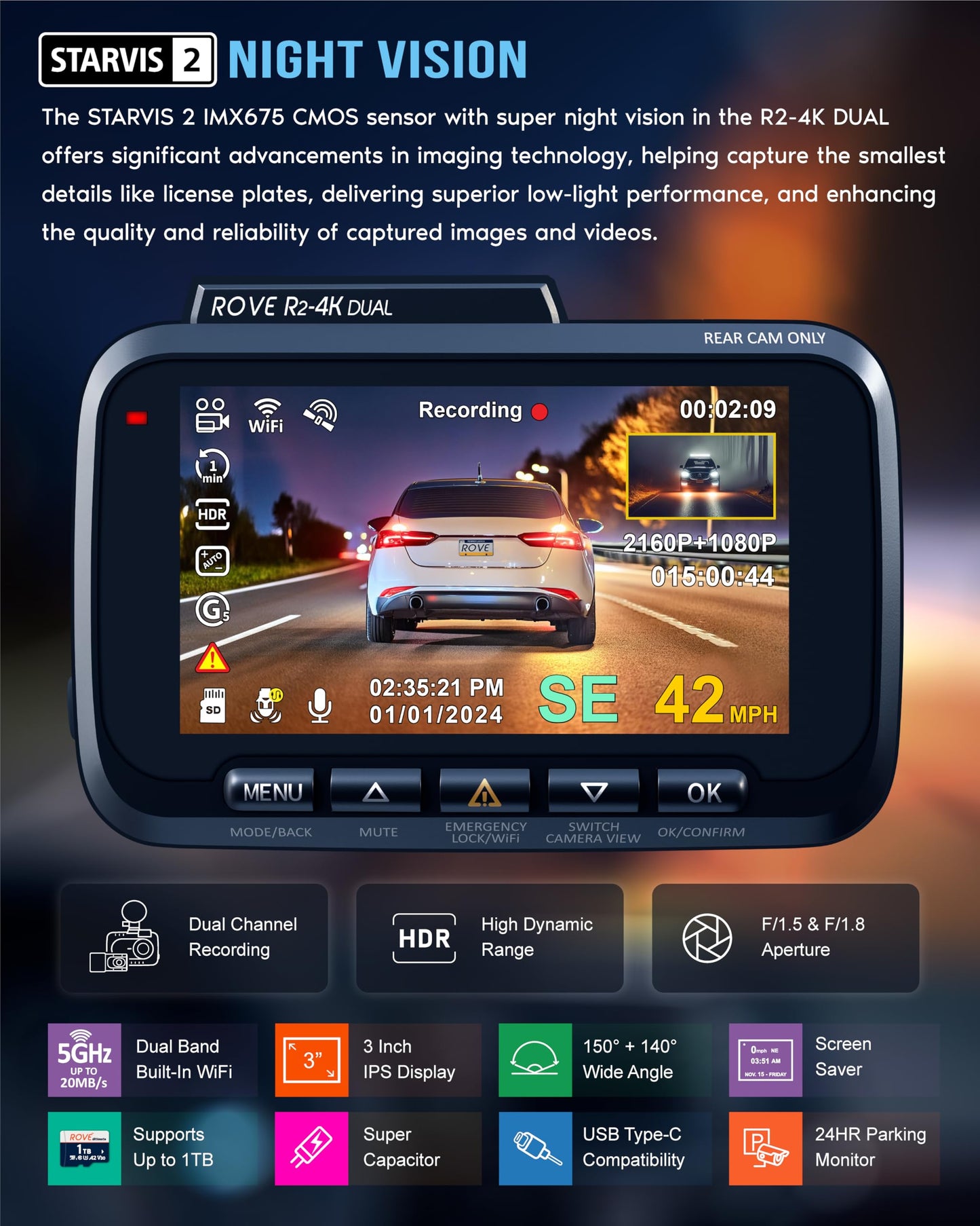 ROVE R2-4K Dual Dash Cam | Front & Rear, STARVIS 2, GPS