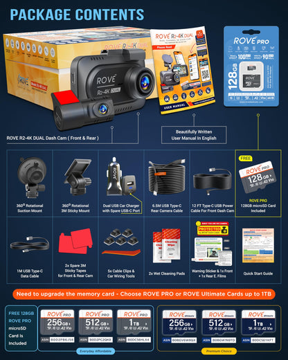 ROVE R2-4K Dual Dash Cam | Front & Rear, STARVIS 2, GPS