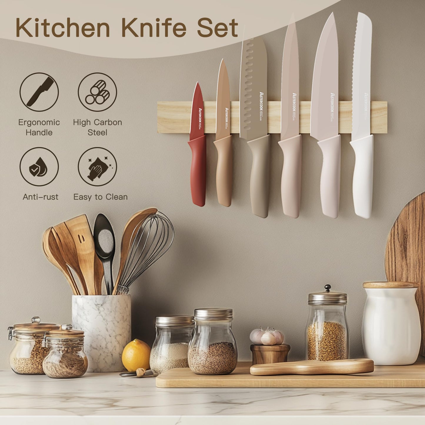 Astercook 13-Piece  Best Anti-Rust Kitchen Knife Set | Dishwasher Safe | 6 Blade Guards